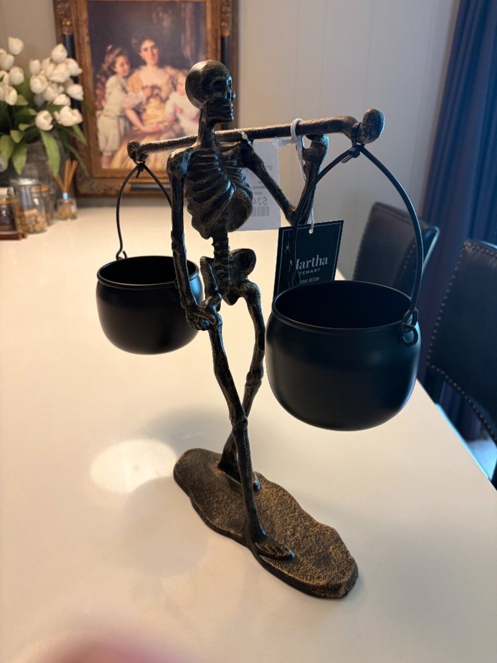 MARTHA STEWART BRONZE HALLOWEEN SKELETON WITH 2 CAULDRONS SERVING DECORATI